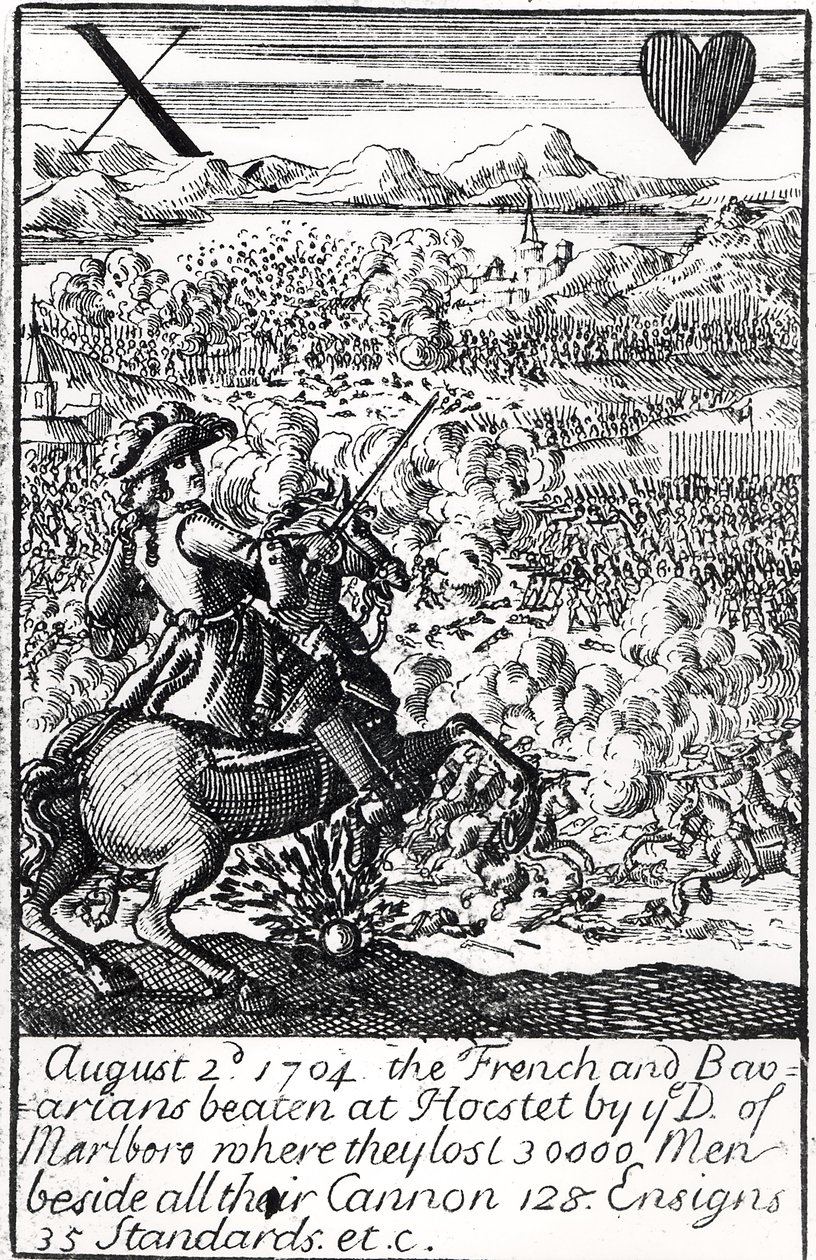 Hertigen av Marlborough besegrar fransmännen och bayererna i slaget vid Blenheim, 2 augusti 1704, engelskt spelkort av English School
