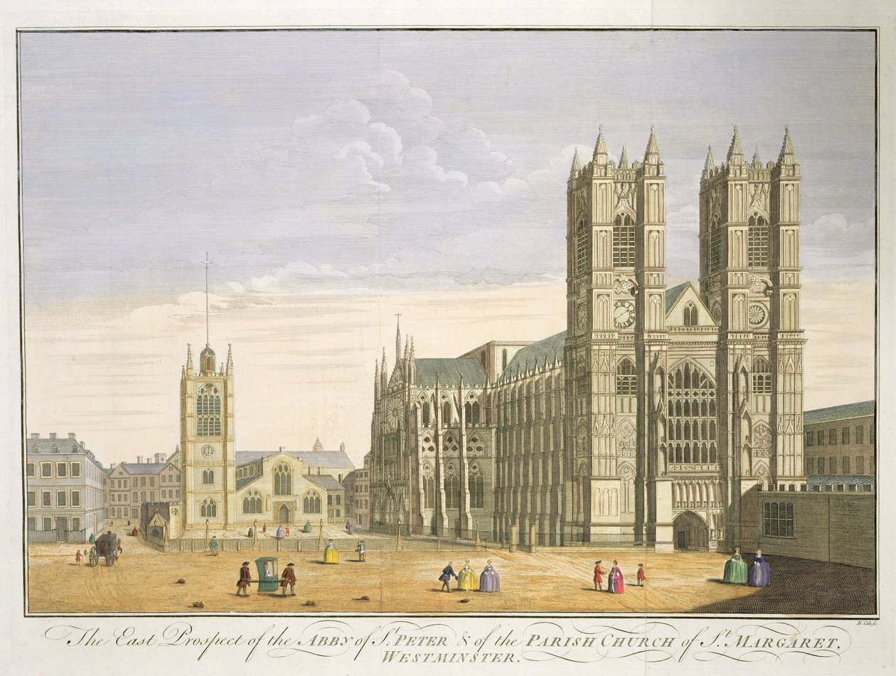 The East Prospect of the Abbey of St. Peter and the Parish Church of St. Margaret, Westminster, graverad av B. Cole (fl.1748-75) av English School