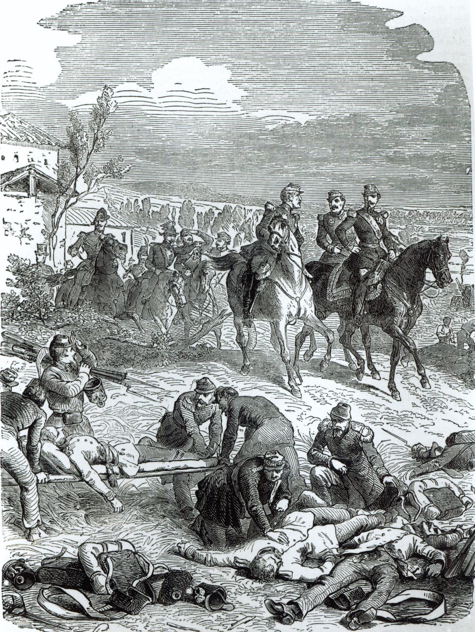Kejsar Napoleon III på slagfältet vid Solferino, 24 juni 1859 av English School