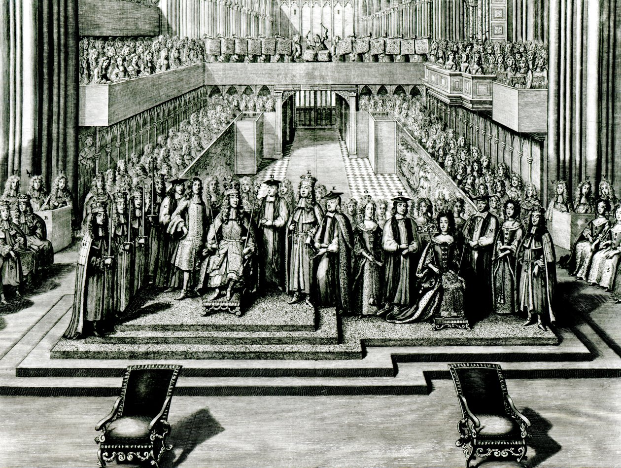 Tronandet av kung James II och drottning Mary av English School