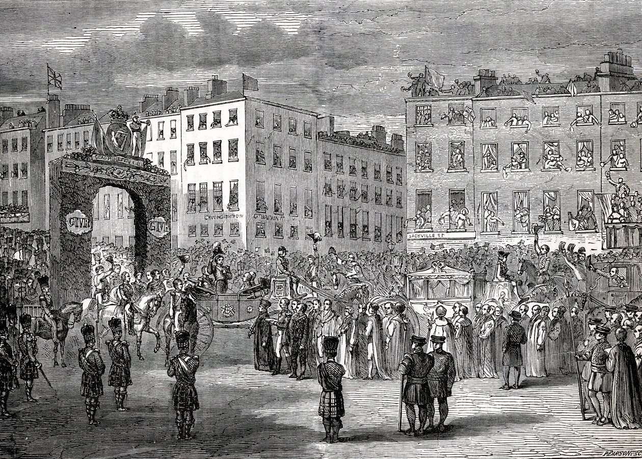 George IV:s (1762-1830) intåg i Dublin, 3 september 1821, graverad av Pearson av English School