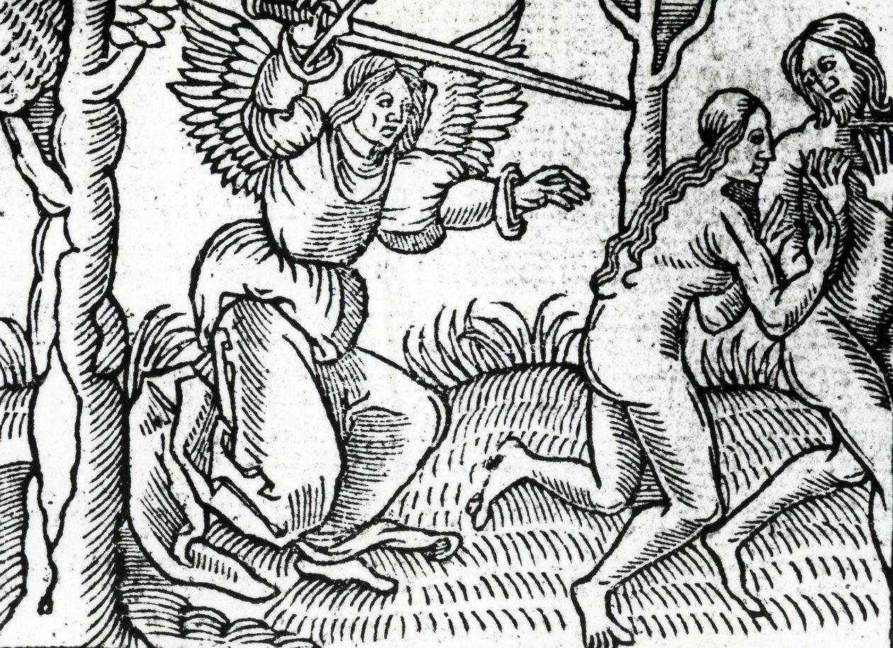 Utvisningen från Edens lustgård, illustration från Cranmers bibel, 1540 av English School