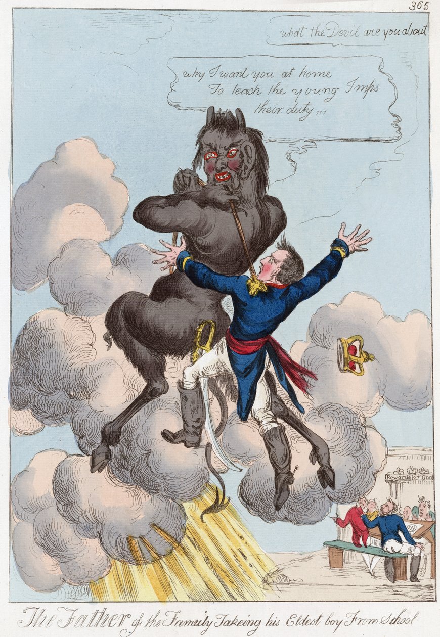 Familjens fader tar sin äldsta pojke från skolan, pub. 1814 (handfärgad gravyr) av English School