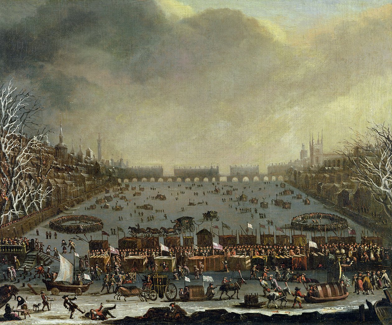 Frostmässan vintern 1683-1684 på Themsen, med Old London Bridge i fjärran. c.1685 av English School