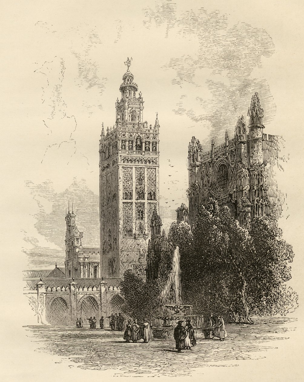 The Giralda, Sevilla, Spanien, från "Spanish Pictures" av pastor Samuel Manning, publicerad 1870 av English School