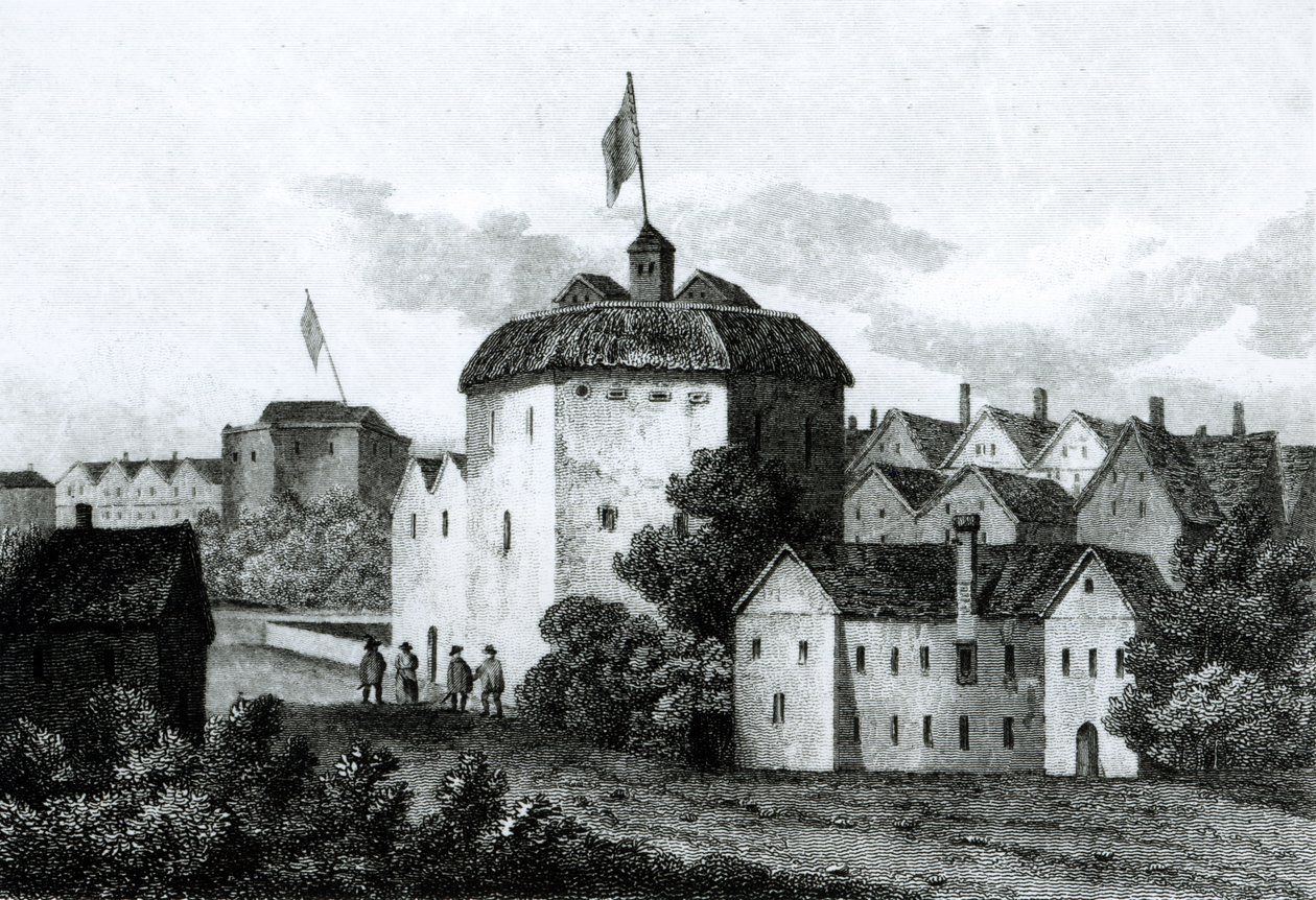 The Globe Theatre on the Bankside som den såg ut under James I:s (1566-1625) regeringstid 1672 av English School