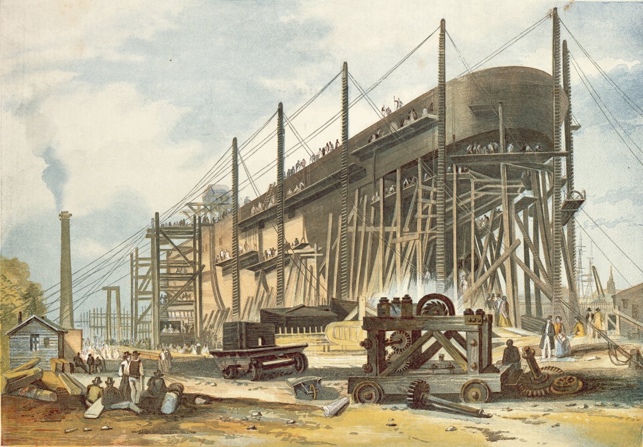 The Great Eastern on the Stocks (färggravyr) av English School