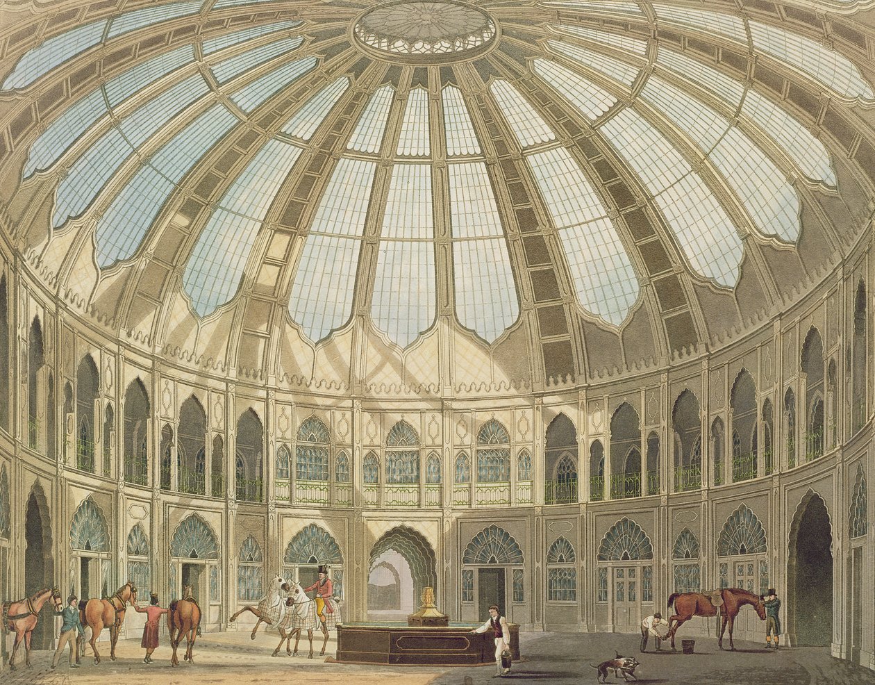 The Interior of the Stables, from Views of The Royal Pavilion, Brighton av John Nash (1752-1835) 1826 (akvatint) av English School