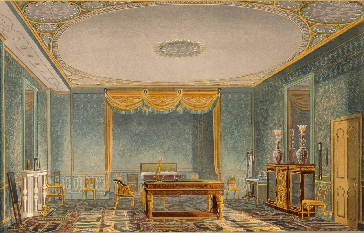 The Kings Bedroom, from Views of the Royal Pavilion, Brighton av John Nash (1752-1835) 1826 (akvatint) av English School