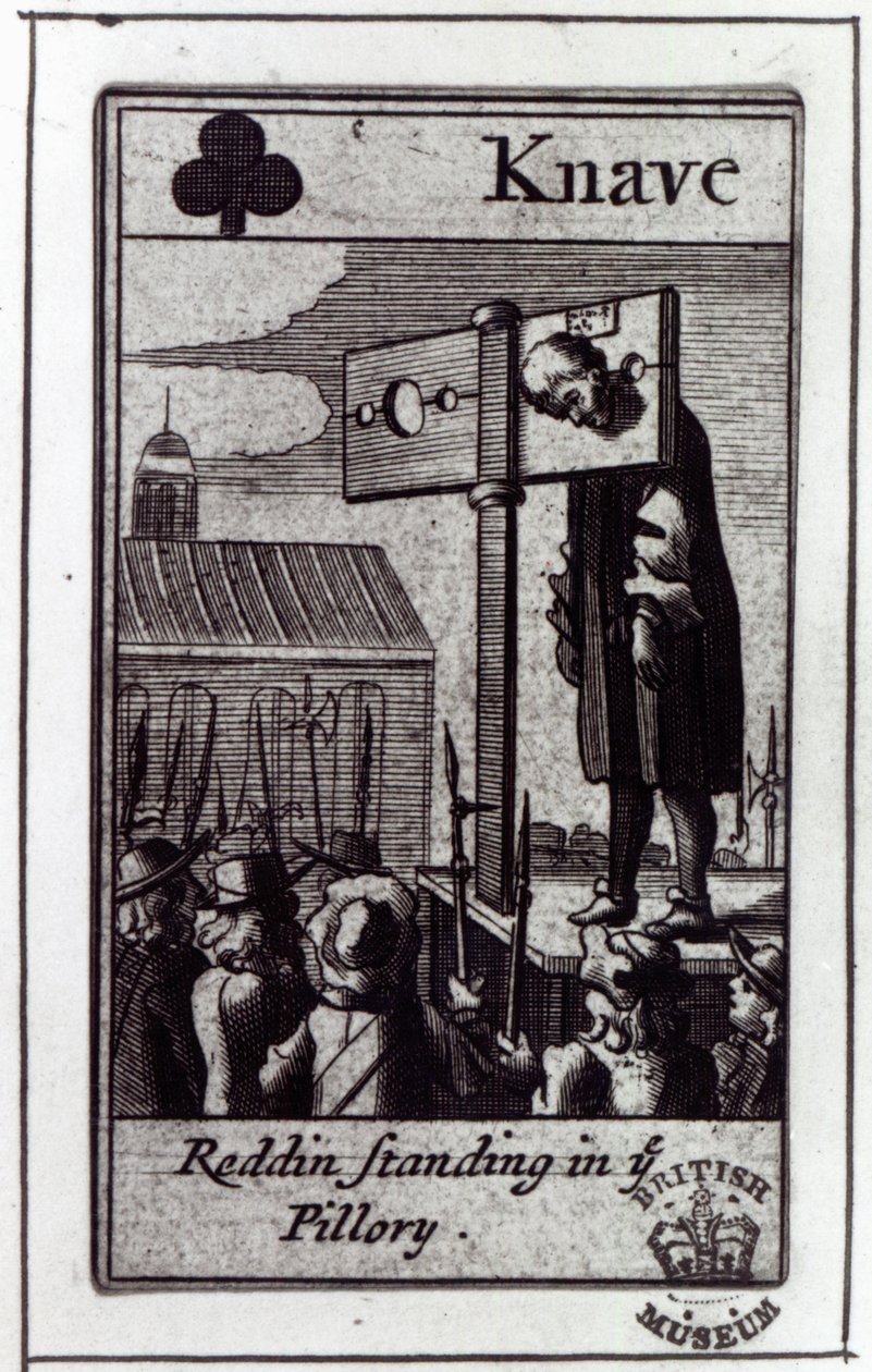 The Knave of Clubs, fra en pakke kort relateret til 1678 Popish Plot og fordømmelsen af Nathaniel Reading, 1679 sverige av English School