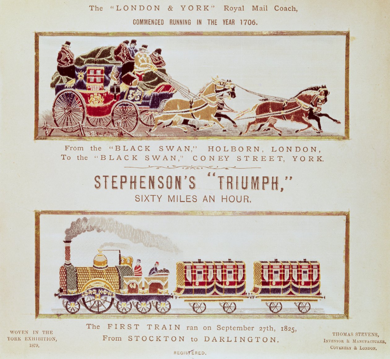 "London and York" Royal Mail Coach och Stephensons "Triumph", vävd för York Exhibition, 1879 (stevengraph) (se även 5300) av English School