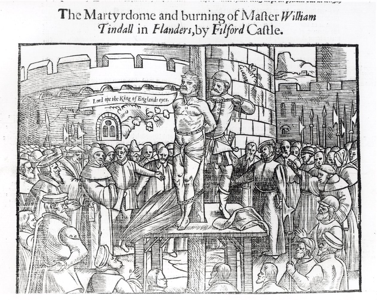 The Martydome and Burning of Master William Tindall (c.1494-1536) in Flanders, by Filford Castle, from "Acts and Monuments" av John Foxe (1516-87) 1563 av English School