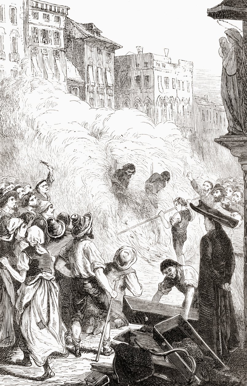 Massakern av protestanter i Barletta, Italien, ca 1865 (trästick) av English School