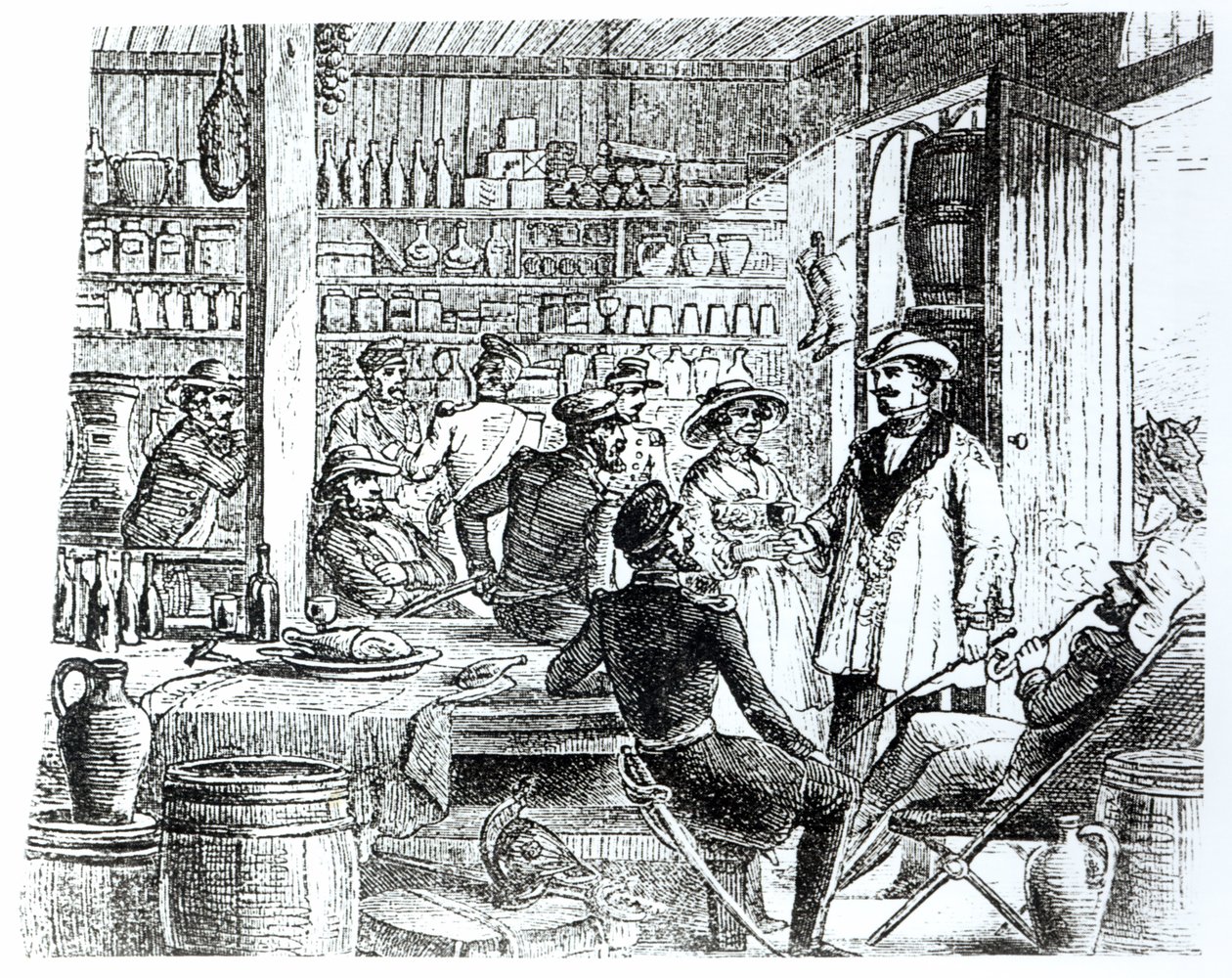 Mødet mellem Mary Seacole (1805-81) og Alexis Soyer (1810-57) i hendes hotelbar, ca. 1855, sverige av English School