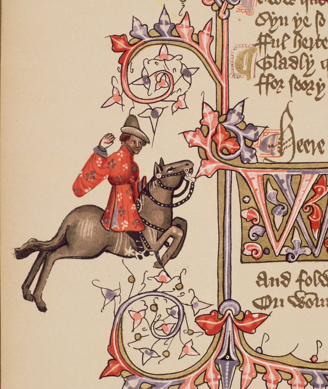 The Merchant, detalj från The Canterbury Tales, av Geoffrey Chaucer (ca 1342-1400) Ellesmere Manuscript, faksimilupplaga, 1911 (för originaldetaljer se 128920) av English School