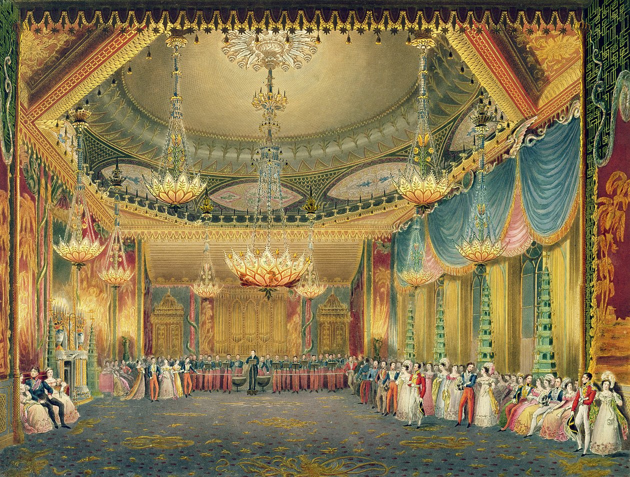 The Music Room, från Views of the Royal Pavilion, Brighton av John Nash (1752-1835) 1826 (akvatint) av English School