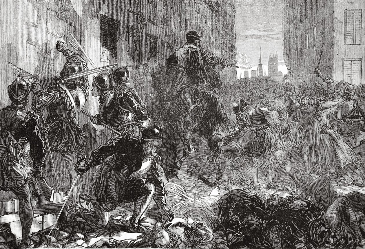 Natten av massakern av St. Bartholomew, illustration från The History of Protestantism av James Aitken Wylie (1808-1890), pub. 1878 av English School