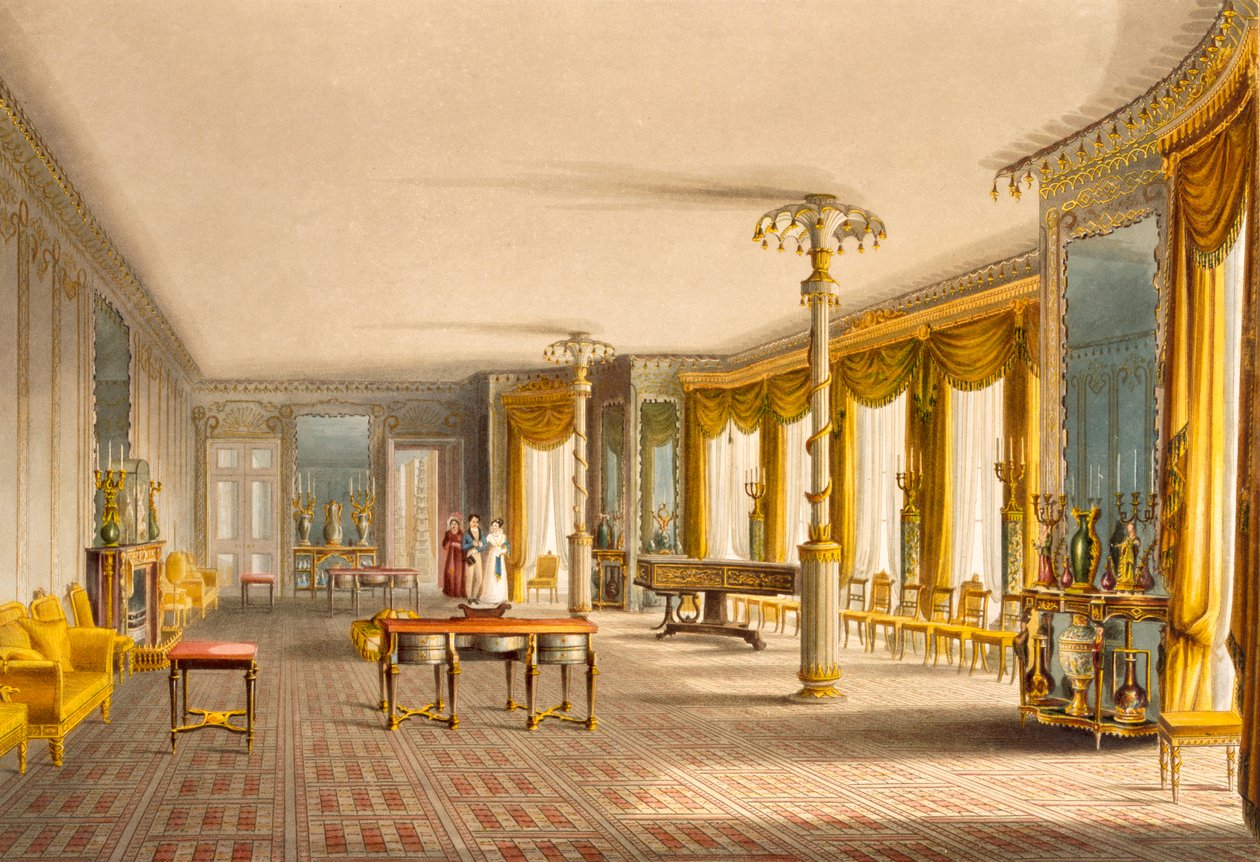 The North Drawing Room, eller Music Room Gallery från Views of The Royal Pavilion, Brighton av John Nash (1752-1835) 1826 (akvatint) av English School