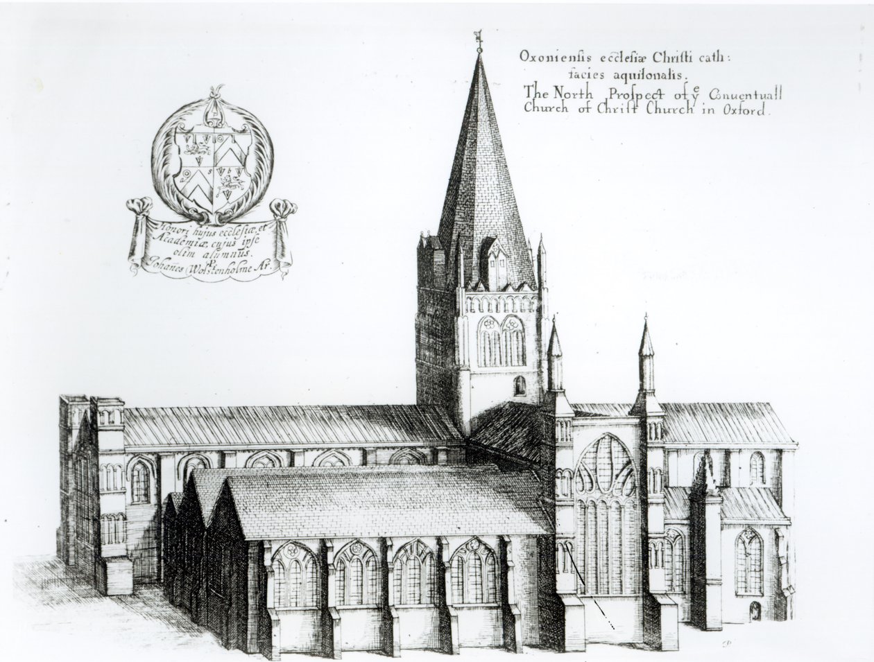 The North Prospect of Conuentuall Church of Christ Church i Oxford (gravyr) (bw foto) av English School