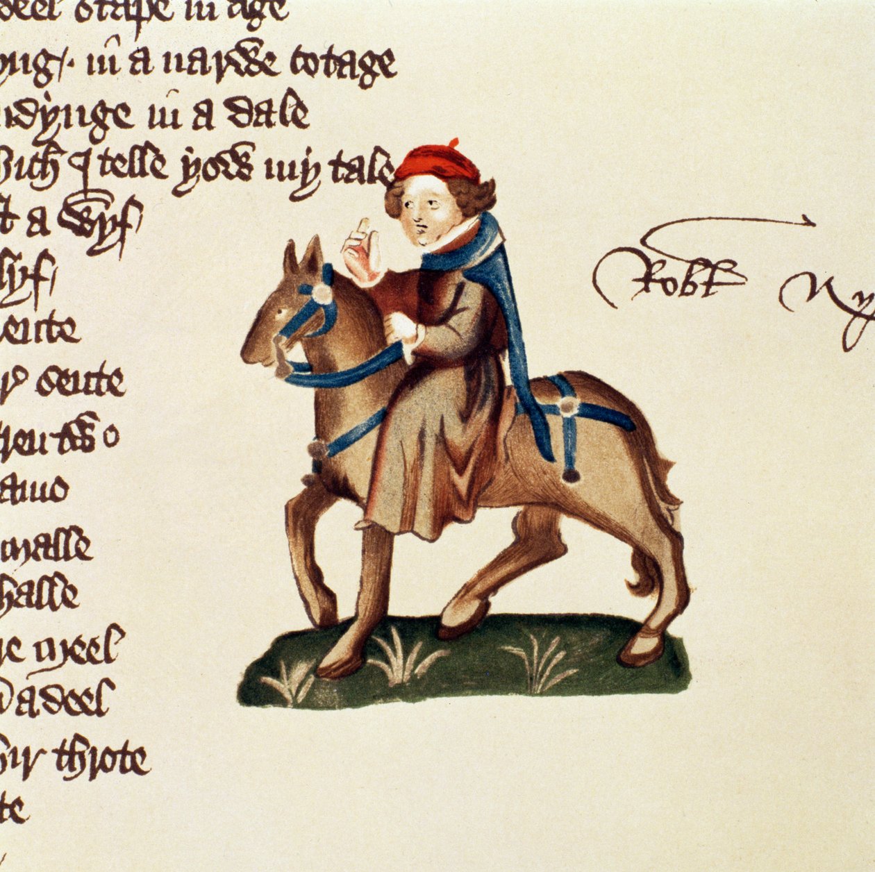 The Nuns Priest, detalj från The Canterbury Tales, av Geoffrey Chaucer (ca 1342-1400) Ellesmere Manuscript, faksimilupplaga, 1911 (för originaldetaljer se 128929) av English School