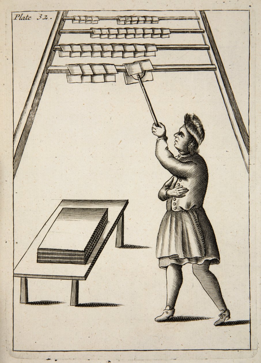 The Pressman Hanging Paper, Mechanick Exercises: or The Doctrine of Handy-Works appliced to the Art of Printing, pub. 1683 av English School
