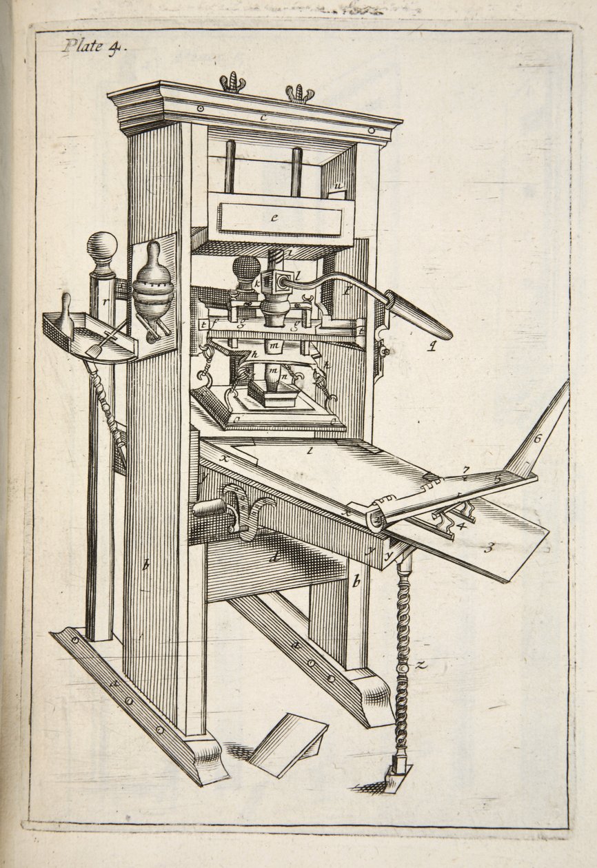 The Printing Press, från Mechanick Exercises: or The Doctrine of Handy-Works appliced to the Art of Printing, pub. 1683 av English School