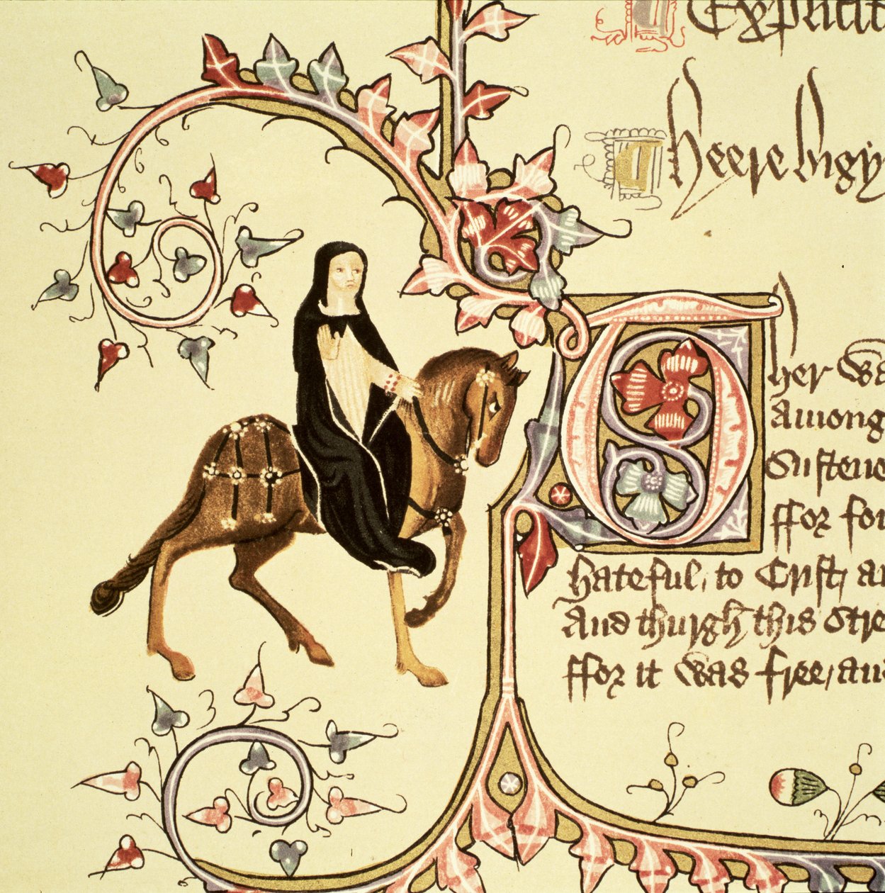 The Prioress, detalj från The Canterbury Tales, av Geoffrey Chaucer (ca 1342-1400) Ellesmere Manuscript, faksimilupplaga, 1911 (för originaldetaljer se 128945) av English School