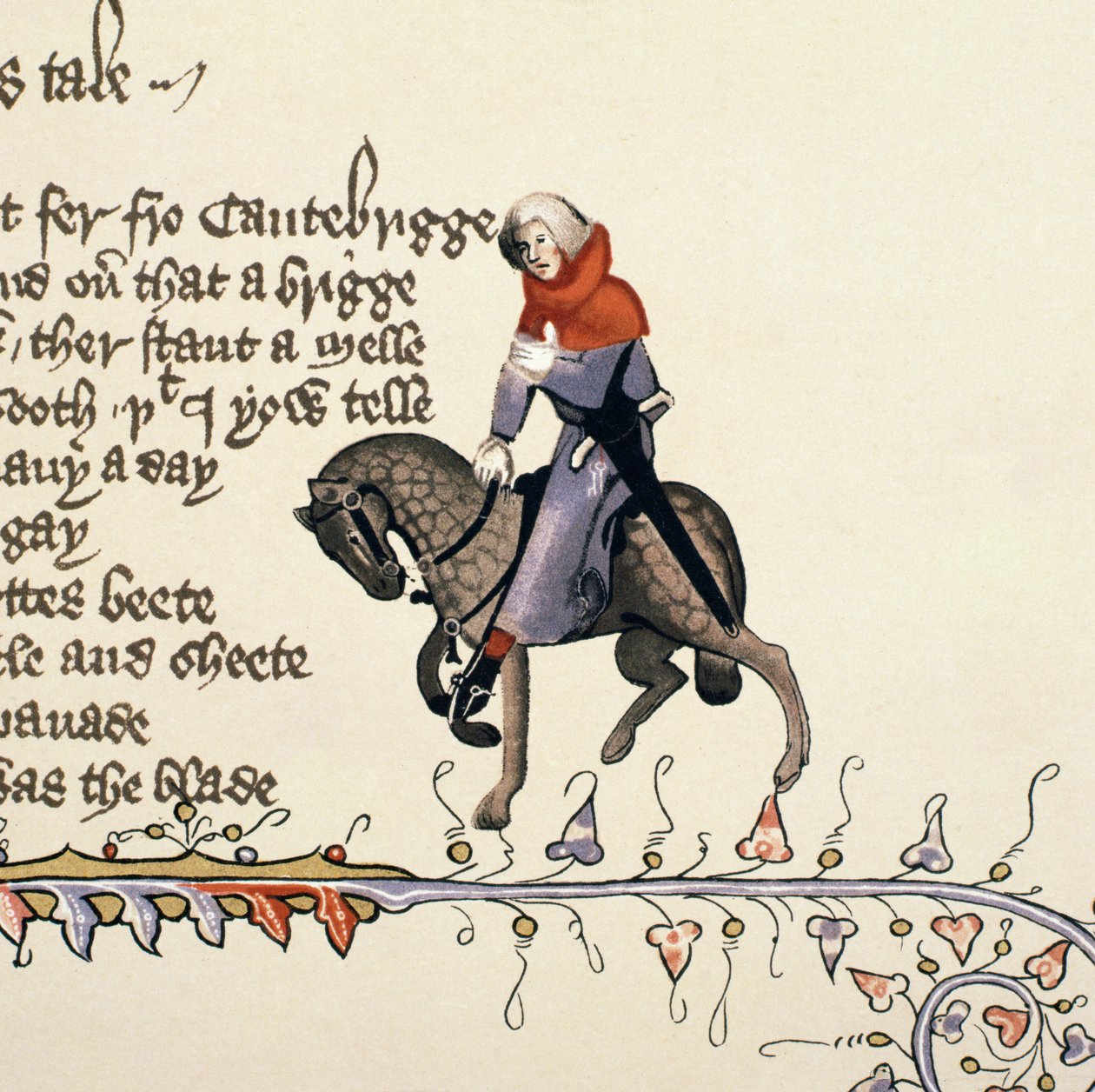 The Reeve, detalj från The Canterbury Tales, av Geoffrey Chaucer (ca 1342-1400) Ellesmere Manuscript, faksimilupplaga, 1911 (för originaldetaljer se 128932) av English School