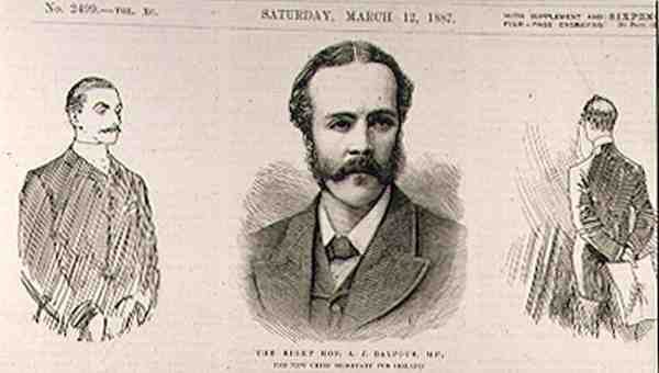 Den högra Hon. A. J. Balfour (1848-1930), M.P., den nya chefsekreteraren för Irland, från The Illustrated London News, 12 mars 1887 av English School