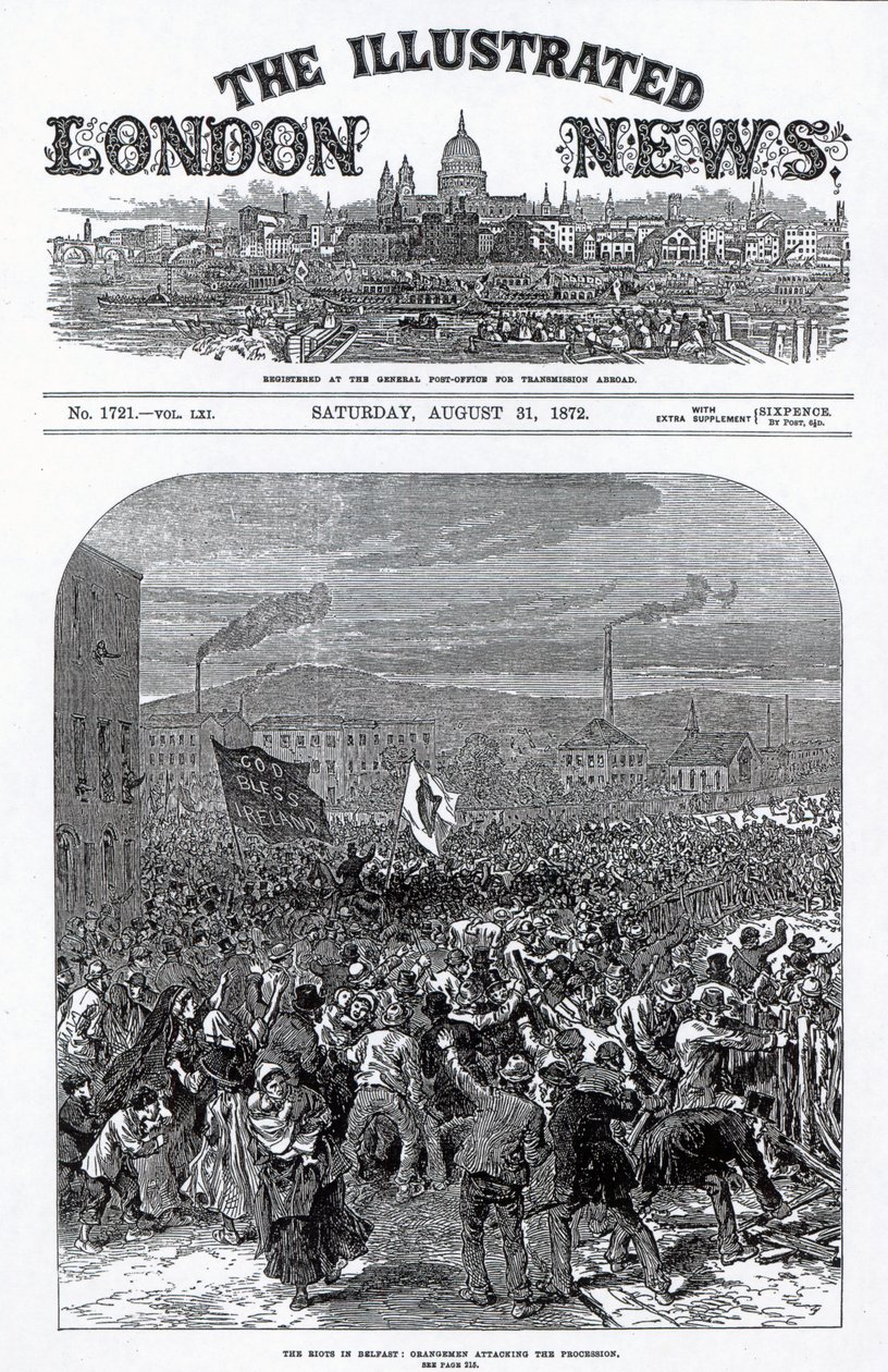 Upploppen i Belfast: Orangemen attackerar processionen, omslag till "The Illustrated London News", 31 augusti 1872 av English School