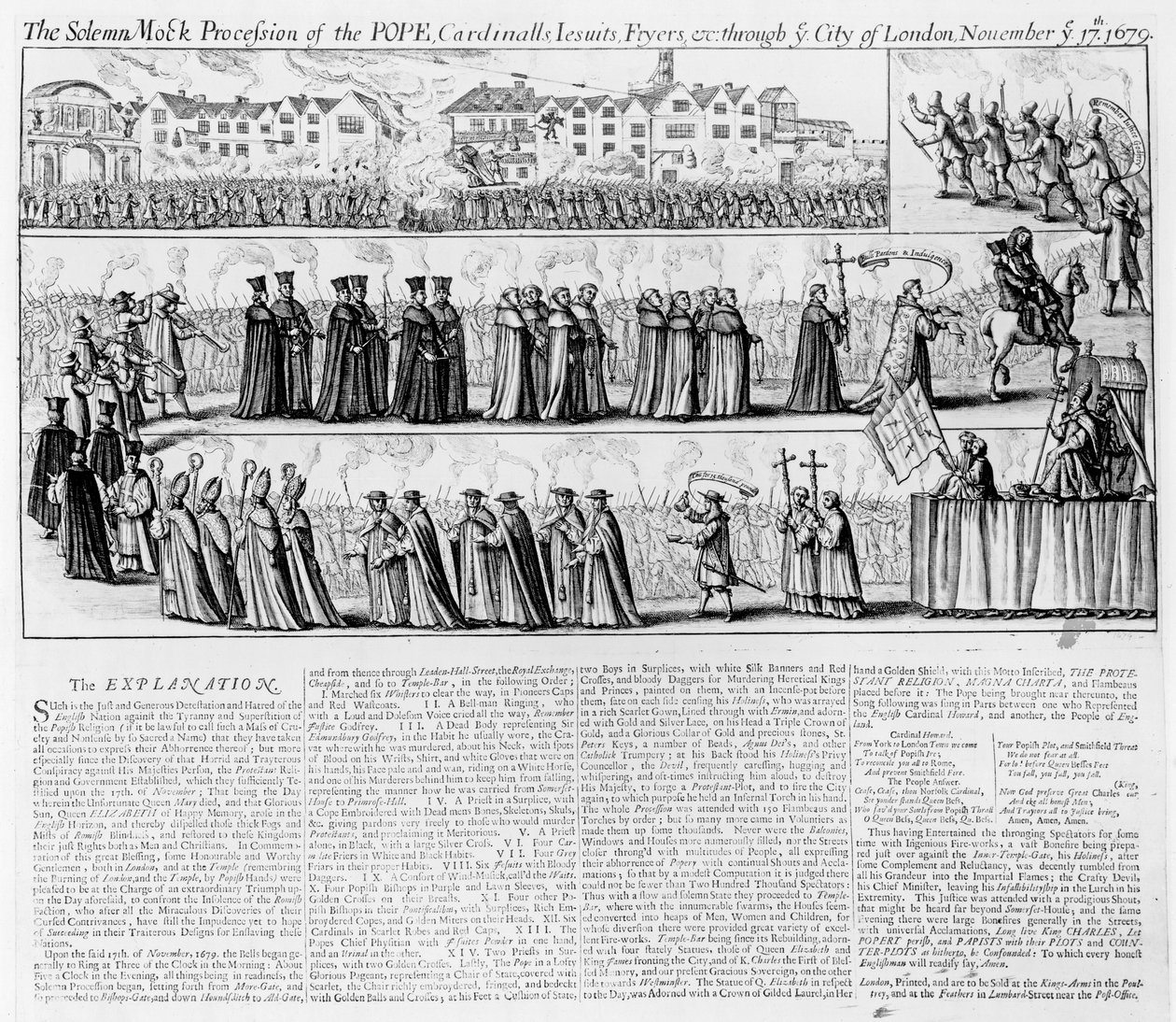 Den högtidliga skenprocessionen av påven, kardinalerna, jesuiterna och fritöserna genom staden London på "Drottning Elizabeths dag", 17 november 1679 av English School