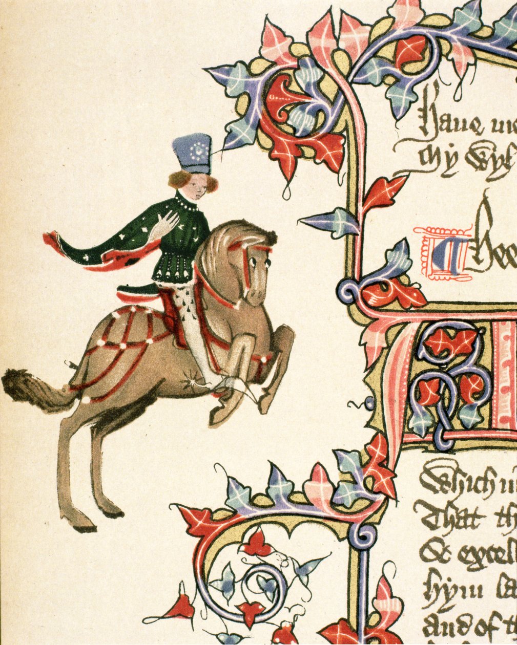 The Squire, detalj från The Canterbury Tales, av Geoffrey Chaucer (ca 1342-1400) Ellesmere Manuscript, faksimilupplaga, 1911 (för originaldetaljer se 128934) av English School