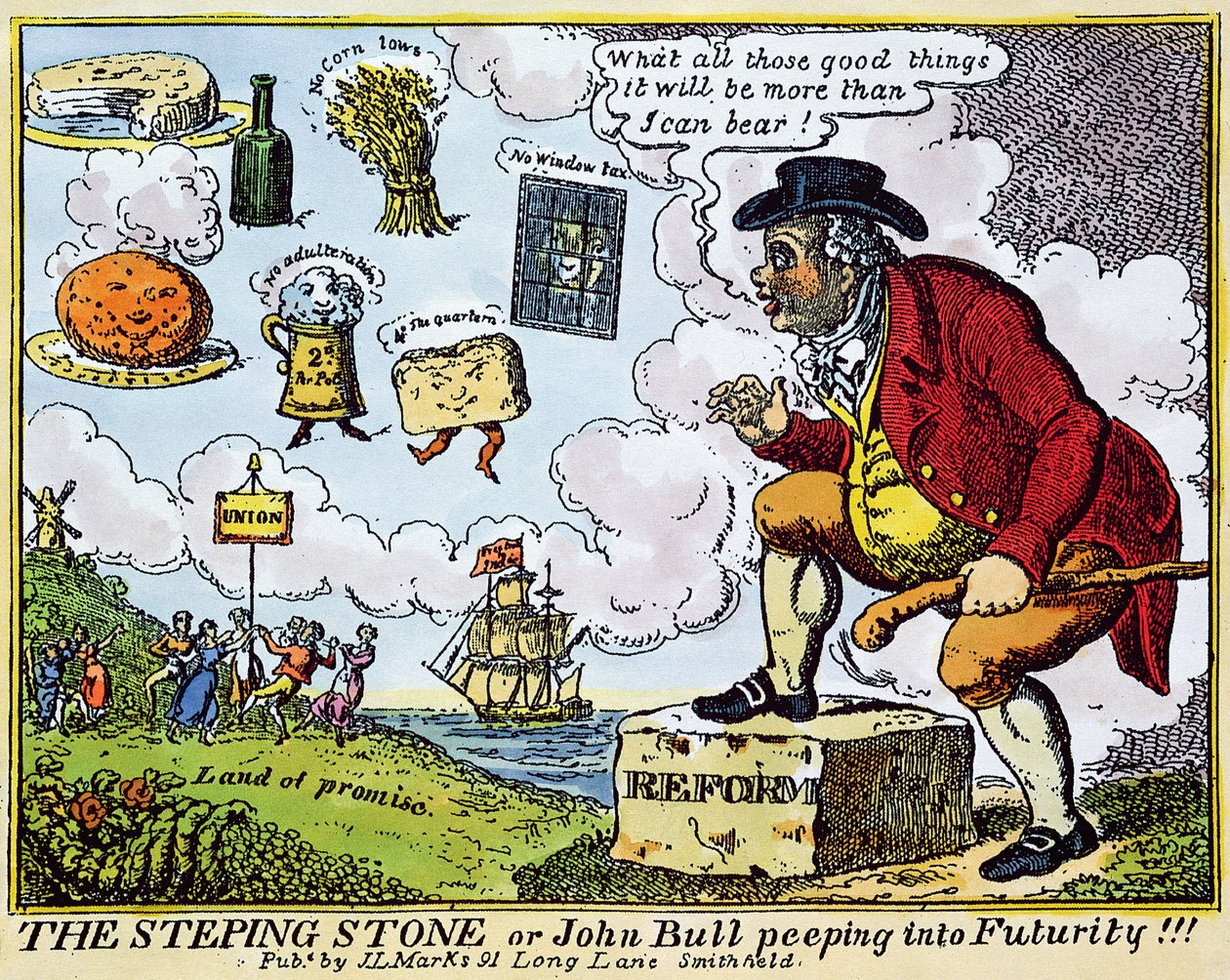 Stepping Stone, eller John Bull som kikar in i Futurity!!! (färgetsning) av English School