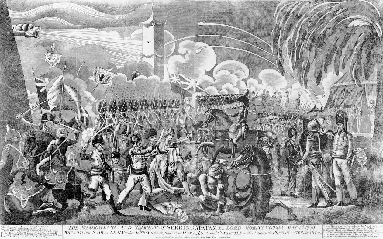 Stormningen och fångsten av Seringapatam av Lord Mornington, 4 maj 1799, pub. av G. Thompson, 1800 swed av English School