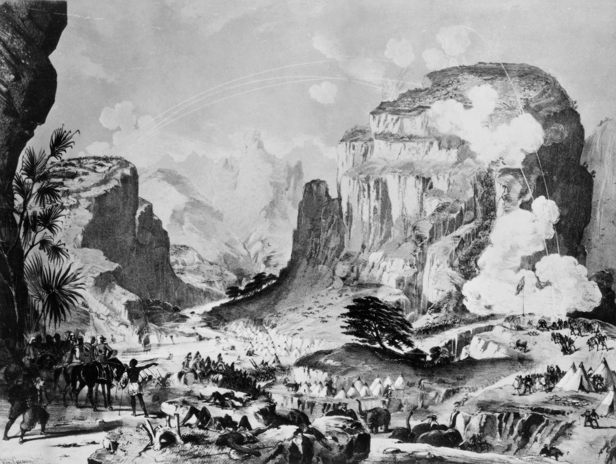 Stormningen av Magdala av brittiska trupper under Sir Robert Napier (1810-1890), skissad av en stabsofficer och graverad av Alfred Concanen (1835-1886) av English School