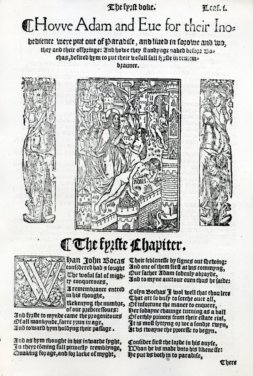 Berättelsen om Adam och Eva från Boccaccios De Casibus Virorum Illustrium, engelsk utgåva från 1527. av English School