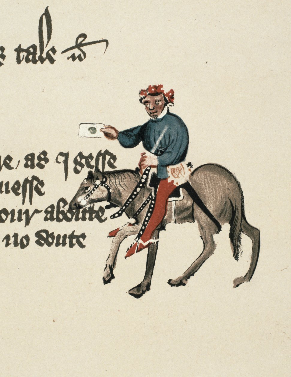 The Summoner, detalj från The Canterbury Tales, av Geoffrey Chaucer (ca 1342-1400) Ellesmere Manuscript, faksimilupplaga, 1911 (för originaldetaljer se 128936) av English School