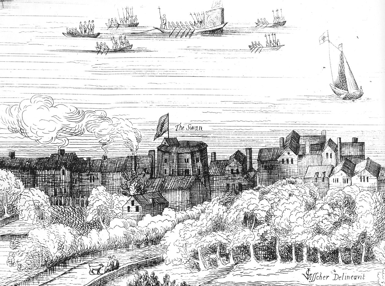 Swan Theatre på Bankside som den såg ut 1614 av English School
