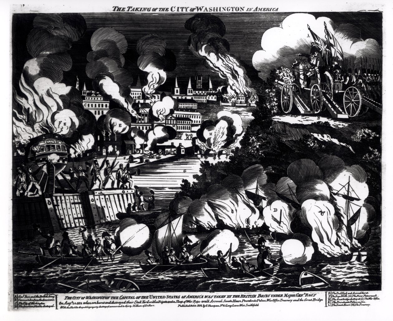 Intagandet av staden Washington i Amerika, 24 augusti 1814, pub. av G. Thompson, 1814 av English School