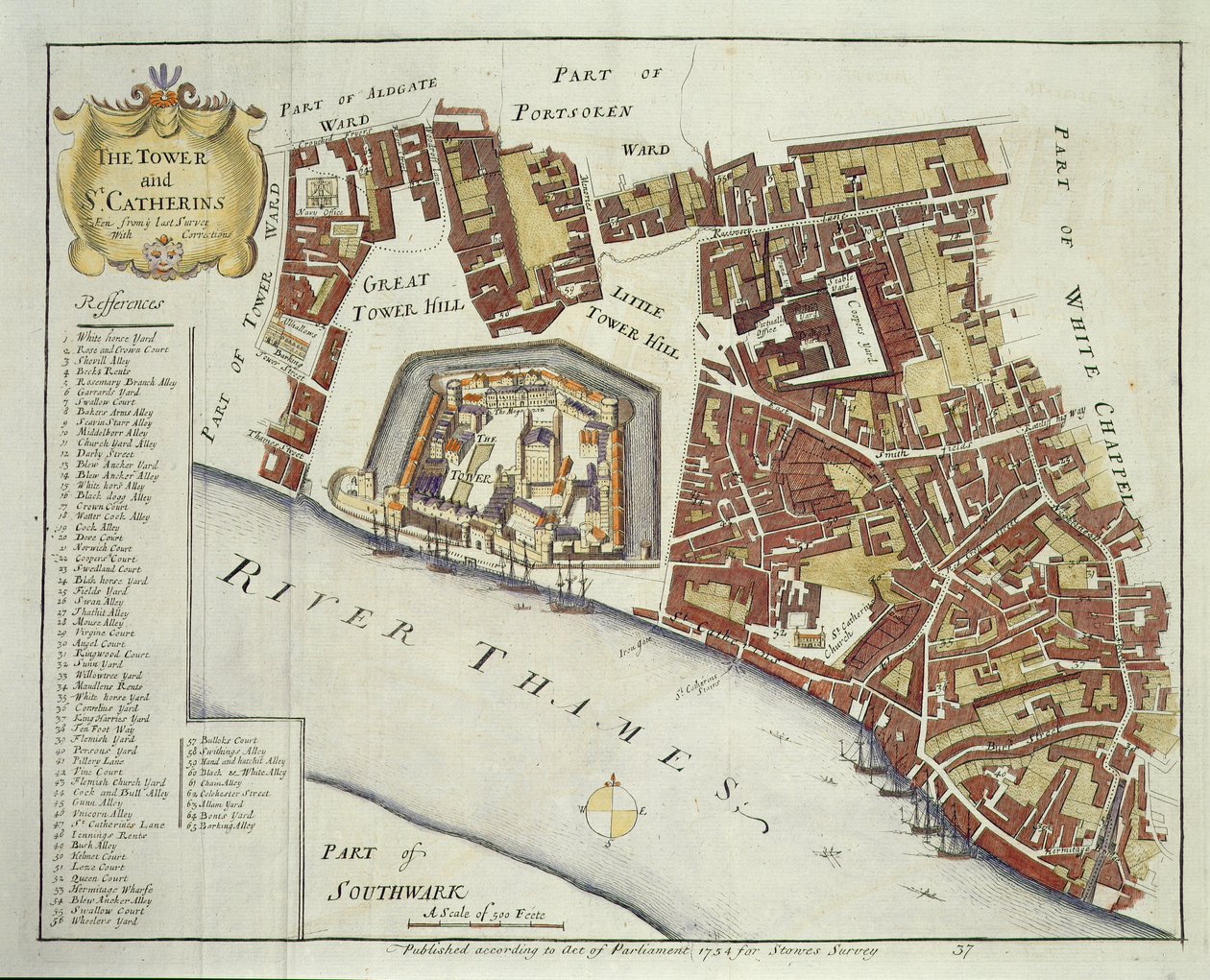 The Tower och St. Catherines, för Stows Survey of London, pub. 1754 (se 94440 för detaljer) av English School