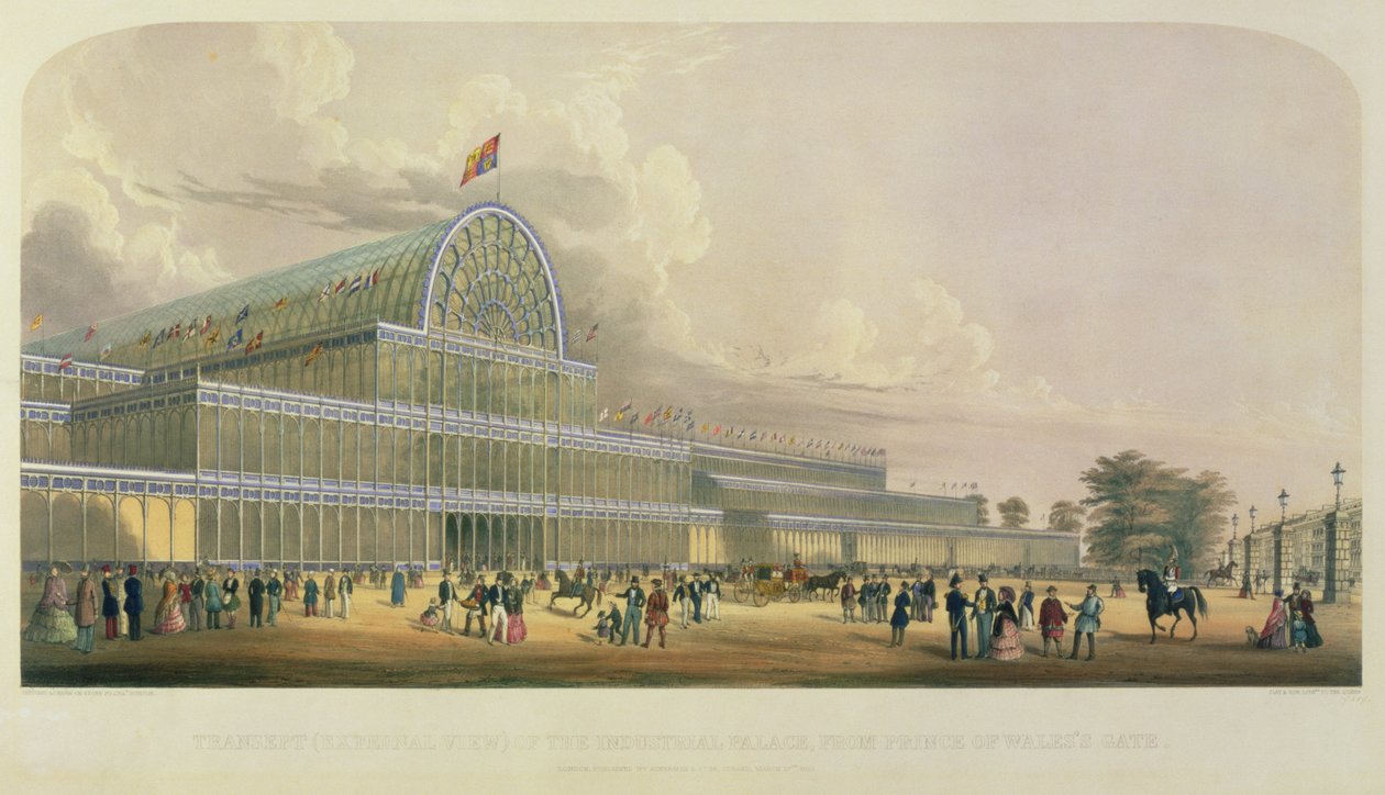 Transeptet i Crystal Palace, från Prince of Wales Gate, skissad och ritad av C. Burton, pub. av Ackermann och Co., 1881 av English School