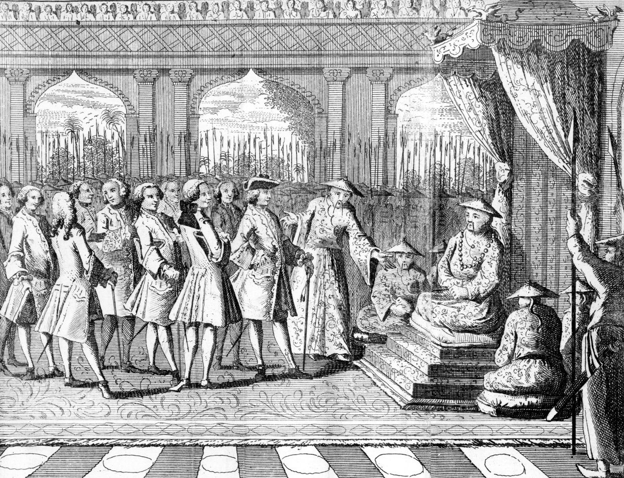 Kantonens vicekung ger en publik till Commodore Anson från "George Ansons resa runt om i världen under åren 1740-1744" av English School