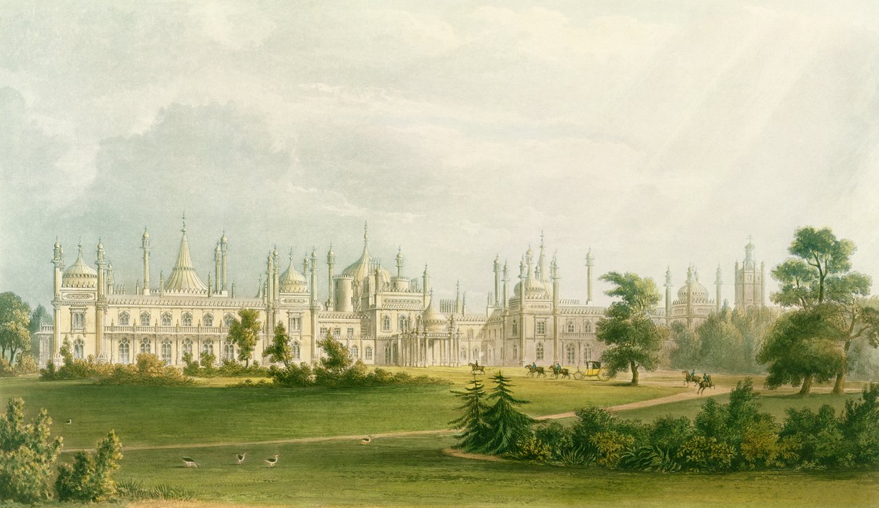 Västfronten, från Views of the Royal Pavilion, Brighton av John Nash (1752-1835), 1826 (akvatint) av English School