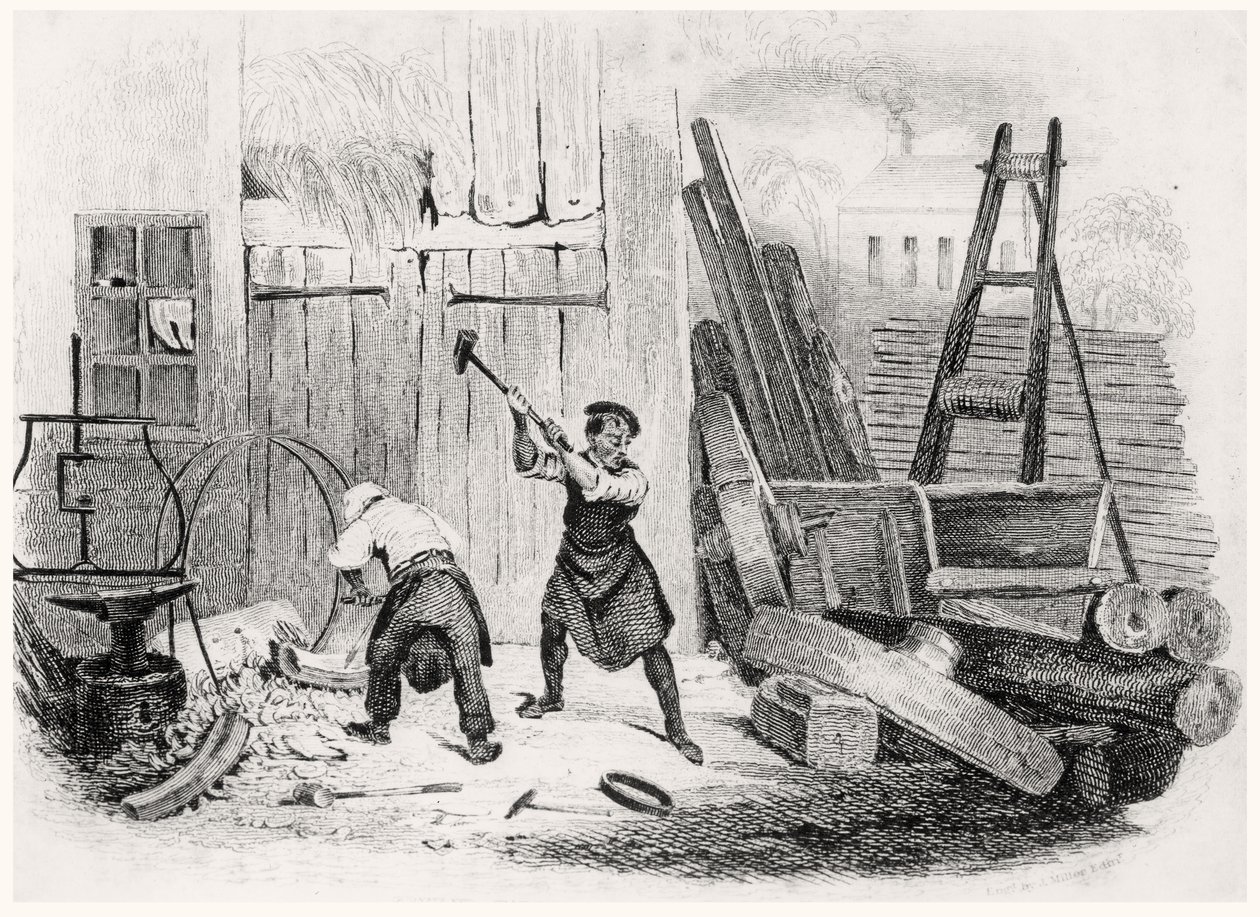 The Wheel Wright, från The Book of Trades, graverad av J. Miller, 1836 av English School