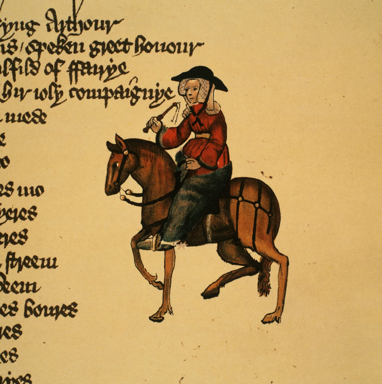 The Wife of Bath, detalj från The Canterbury Tales av Geoffrey Chaucer (ca 1342-1400) Ellesmere Manuscript, faksimilupplaga, 1911 av English School