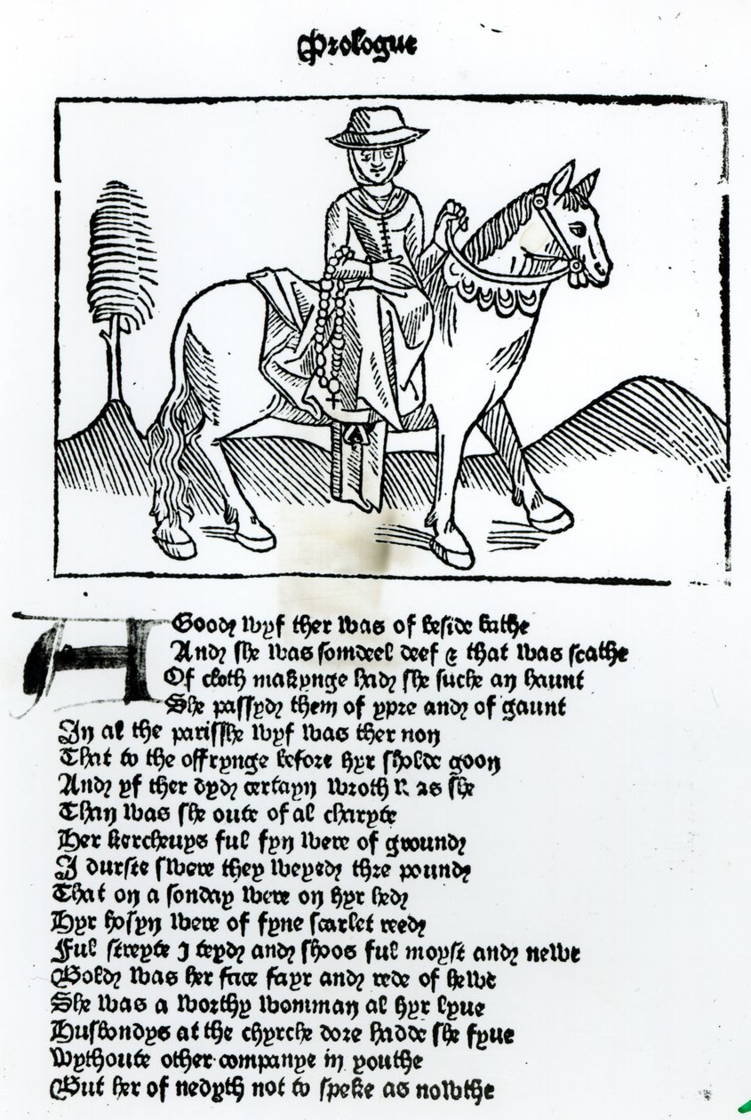 Badekvinnan, illustration från Geoffrey Chaucers (ca 1345-1400) Canterbury Tales, tryckt av William Caxton (ca 1422-91). av English School