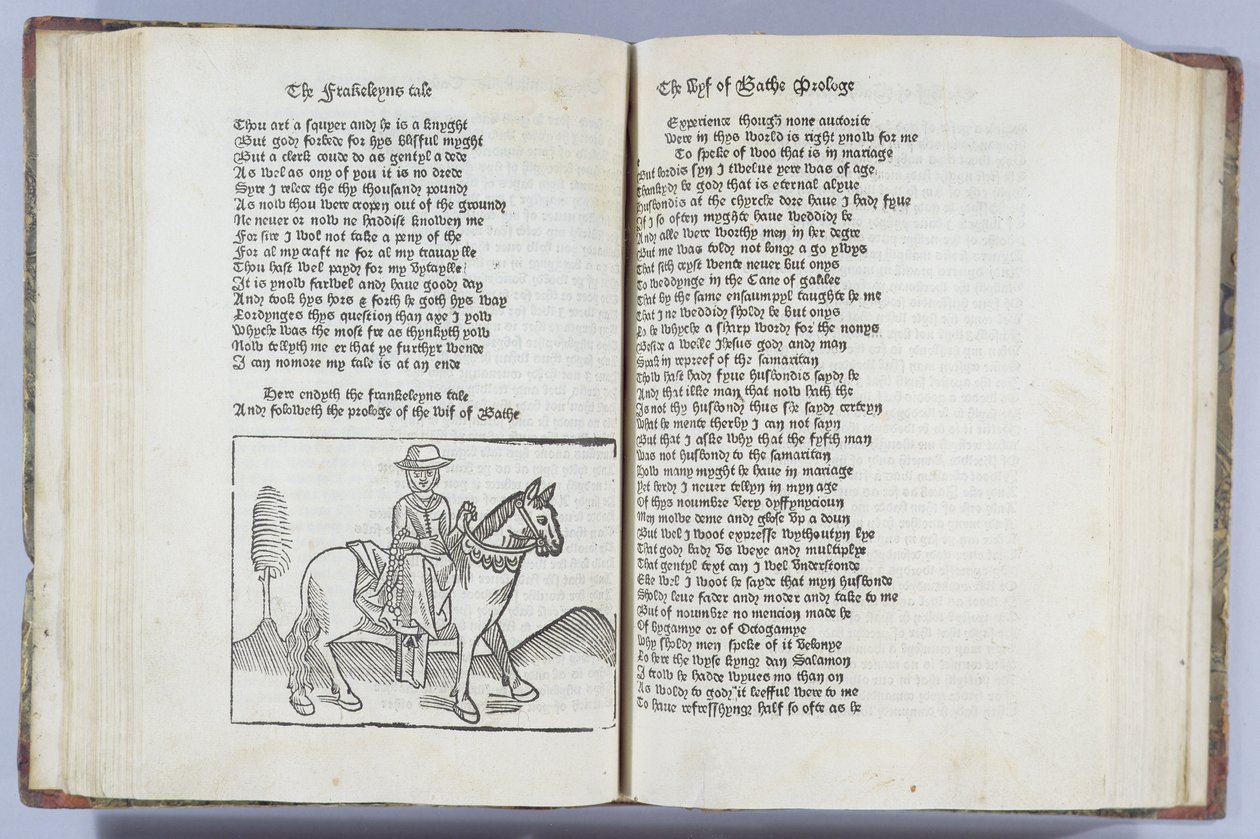 The Wife of Bath, illustration från Geoffrey Chaucers "Canterbury Tales", tryckt av William Caxton (ca 1422-91) av English School
