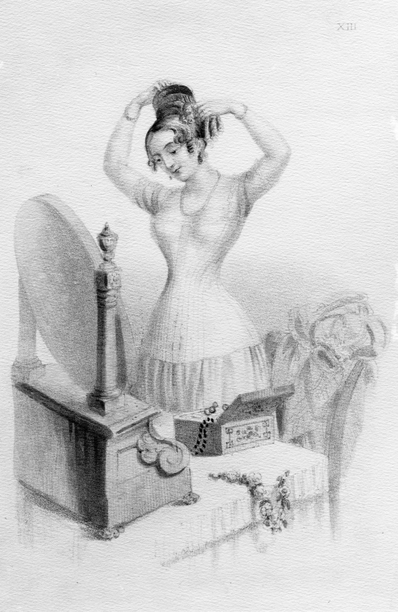 Fördelarna med Mrs. Nicholas Gearys korsetter, från "Female Beauty, as Preserved and Improved by Regimen, Cleanliness and Dress" av Mrs. A. Walker, 1837 av English School