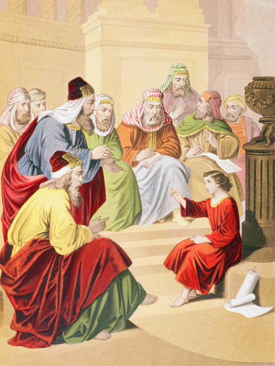 Pojken Jesus diskuterar med präster och lärare i templet av English School