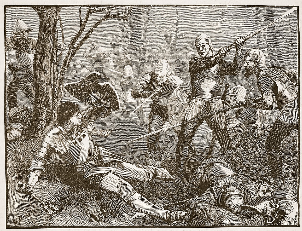 King Makers död i slaget vid Barnet, c.1880, illustration från Cassells Illustrated History of England (sepiafoto) av English School